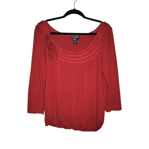Max Edition Women's Red Scoop Neck Rosette Detail Soft Viscose Blouse Size L - Picture 1 of 7